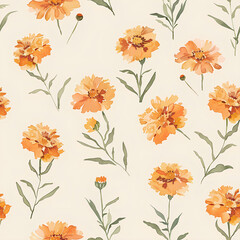 Delicate watercolor marigolds in soft orange and yellow tones, arranged on a pale background, minimalist and seamless
