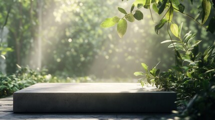2408 28.A minimalist podium placed outdoors in a natural forest environment, with greenery in the background softly out of focus. The podium is bathed in soft sunlight, casting gentle shadows on the
