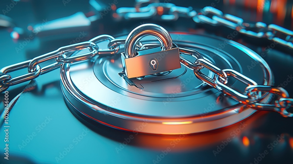 Poster close-up of a lock and chain on a hard drive, representing physical data protection in office enviro
