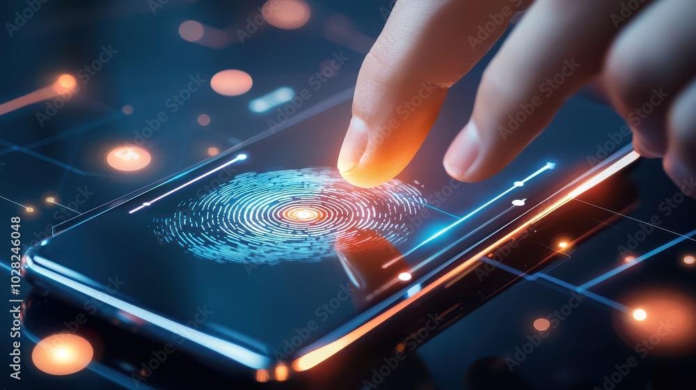 Poster close-up of a person pressing a fingerprint scanner on a smartphone for biometric authentication, re