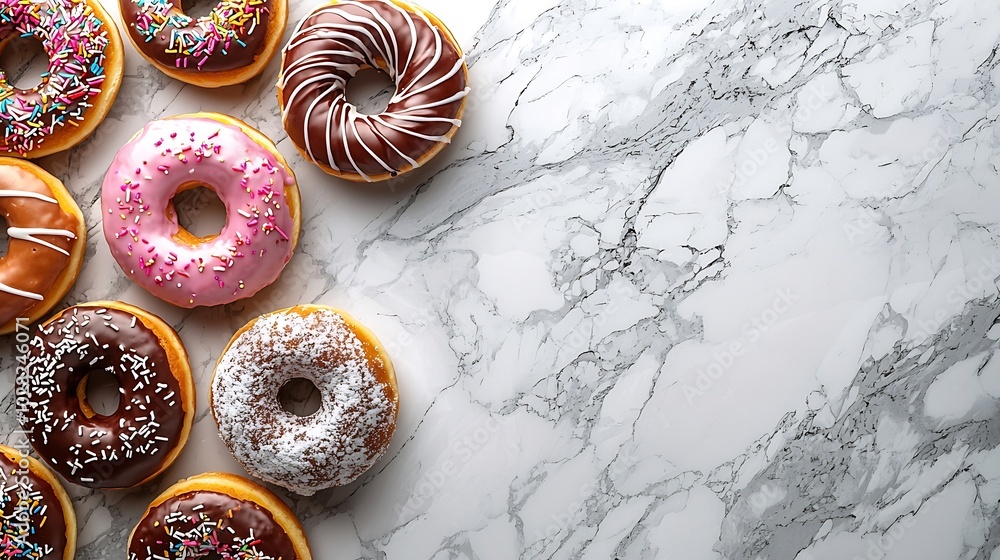 Poster assortment of donuts marble background close up : generative ai
