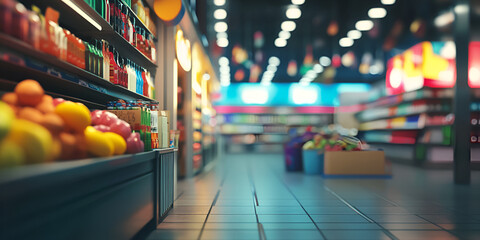 Obraz premium 3D Rendering of a Supermarket Aisle with Colorful Fruits and Vegetables