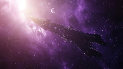 Naklejka premium Spaceship in Cosmic Silhouette Against a Purple Nebula
