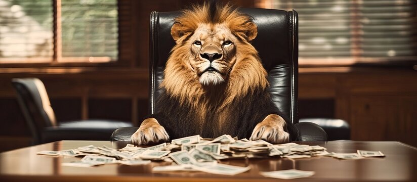 Lion in a Boss's Chair with Money