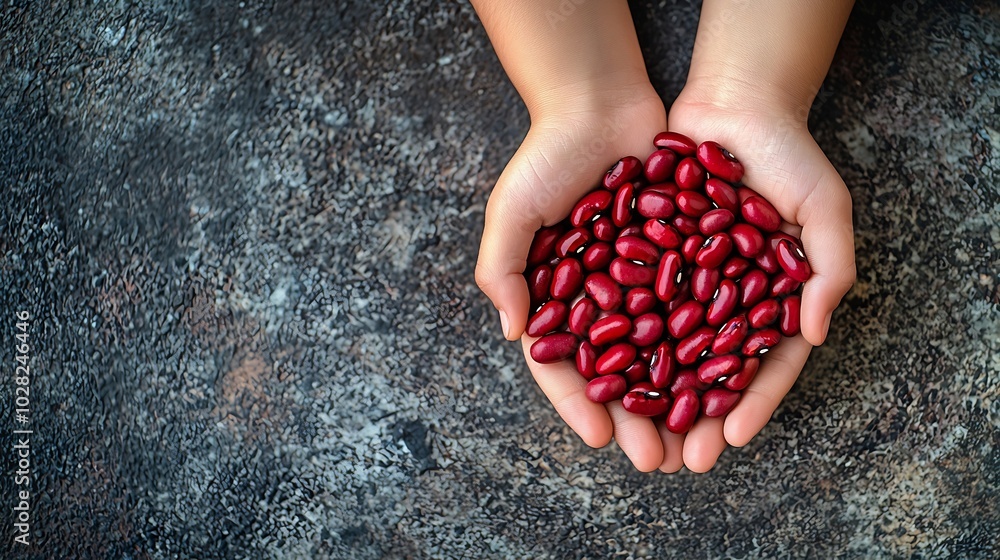 Poster red kidney beans in kids hands grey stone background top view copy space : generative ai