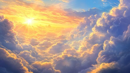 Fototapeta premium 2408 52.A picturesque sky filled with soft, fluffy clouds at sunrise. The sunlight gently illuminates the clouds, creating a beautiful contrast between the bright yellow of the morning sun and the
