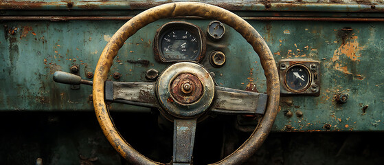 Rusted steering wheel and dashboard of a vintage car.