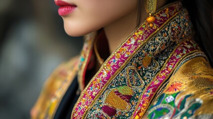 Obraz premium A close-up of an Asian woman wearing ceremonial attire, her clothing embroidered with gold thread and intricate patterns, the vibrant colors and designs reflecting a sacred tradition