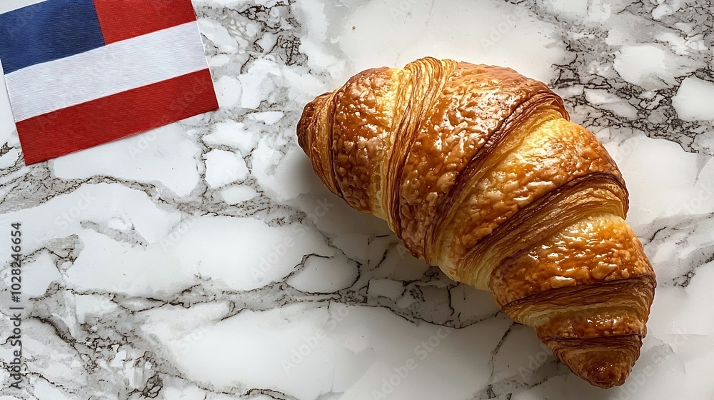 Poster Fresh croissant with French flag on marble table background Top view Copy space : Generative AI
