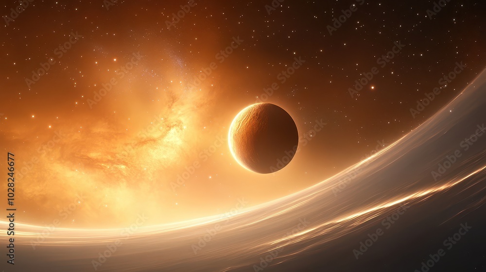 Poster distant planet in a galaxy background with glowing stars and a swirling nebula, creating a surreal s
