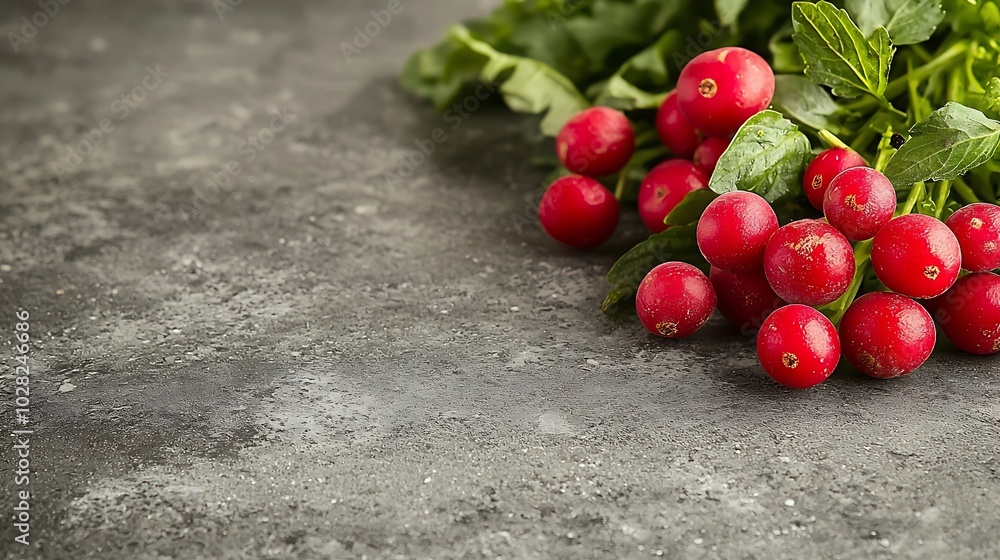 Poster radish bunch on grey stone background copy space close up : generative ai