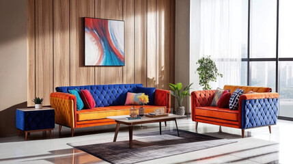 Modern Living Space with Colorful Orange, Blue, and Red Sofa and Abstract Art