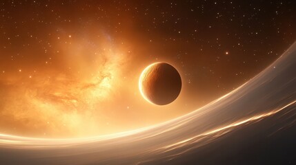 Obraz premium Distant planet in a galaxy background with glowing stars and a swirling nebula, creating a surreal space scene.