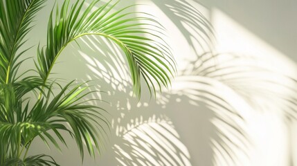 Palm Leaf Casts Shadow on White Wall