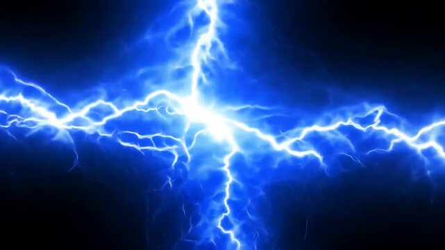Blue Glowing Lightning Thunderbolt with black background. 4K