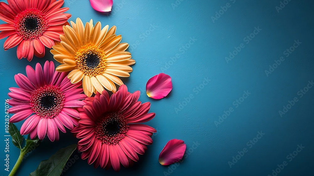 Poster frame of colorful flowers blue background top view copy space : generative ai