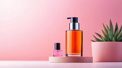 Elegant Cosmetic Bottles on Soft Pink Background