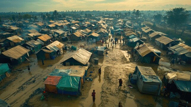 A refugee camp, with makeshift shelters and tents spread across a vast area, showing daily life and the challenges faced by displaced people, with humanitarian aid workers in action