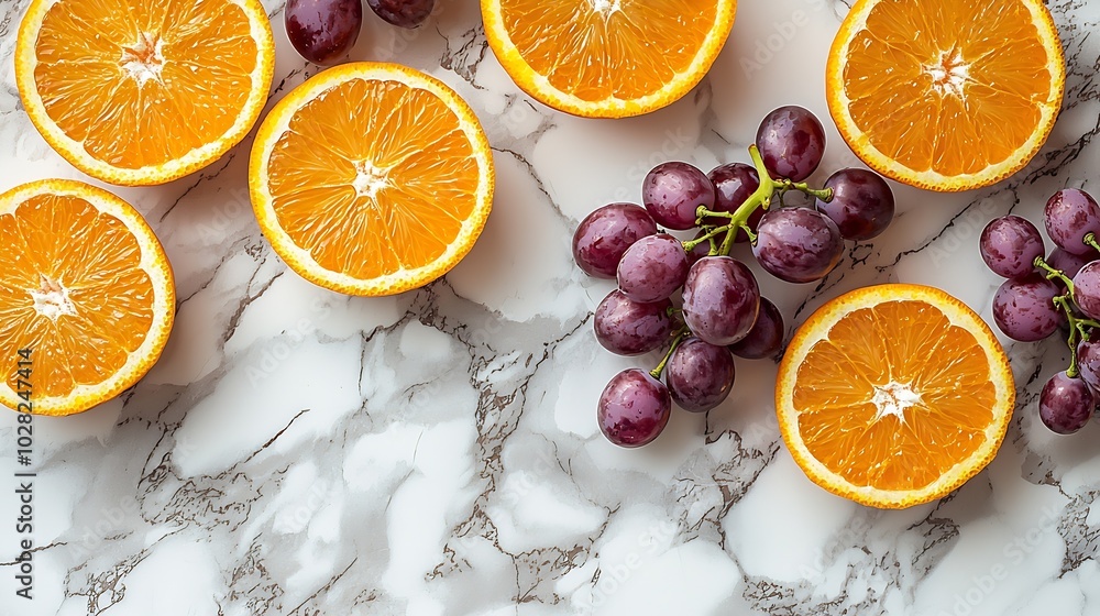 Fototapete cheese with washed orange rind with grape marble table background top view : generative ai