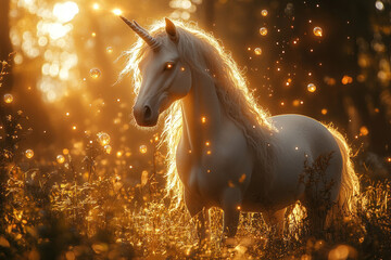 A graceful unicorn with a glowing wand, standing in an enchanted forest as magical orbs float around it.