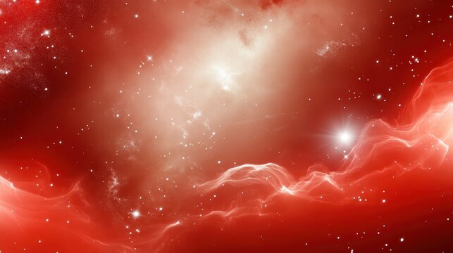 Fiery red galaxy background featuring glowing nebula clouds, distant stars, and swirling cosmic dust.