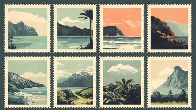 2408 32.A set of vintage-style postcard stamps showcasing natural landscapes, including tranquil beach views, majestic mountain ranges, and rolling hills. The designs have a faded, retro aesthetic,