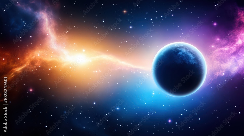 Poster galaxy background with a distant planet in view, surrounded by stars and glowing nebulae.