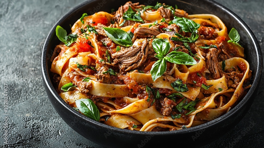 Poster pasta pappardelle with beef ragout sauce in black bowl grey background close up top view : generativ