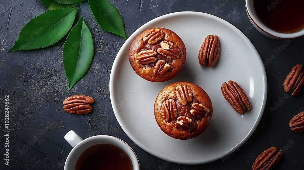 Poster pecan nuts muffins cake with cup of tea on a plate grey background top view : generative ai