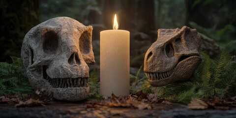 Obraz premium Dinosaur Skulls and Candle in a Forest Setting Prehistoric Mysticism