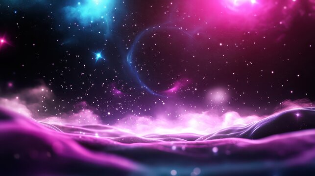 Galaxy stars background with clusters of glowing stars and swirling cosmic dust in a vast space scene.