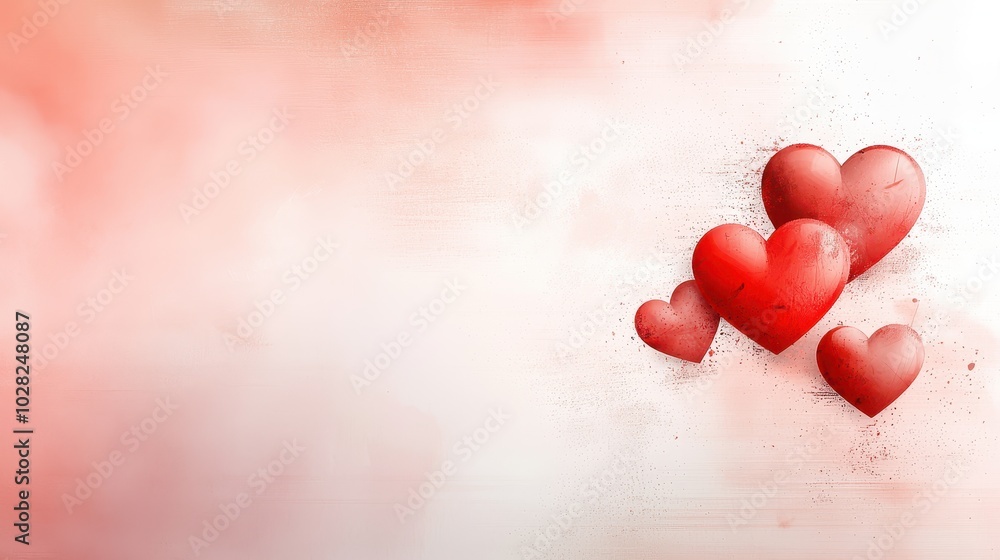 Poster grunge red heart background with distressed textures and faded heart shapes.