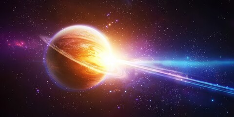 Glowing galaxy and planet background with a vibrant planet and stars scattered across a deep space backdrop.