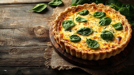 Cheese tart with spinach leaves on a textile and wooden background : Generative AI