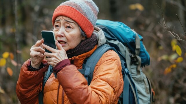 Senior Asian woman wearing hiking gear He appeared distressed and used his smartphone to call for help in a remote hiking area. The surrounding nature and her shocked expression