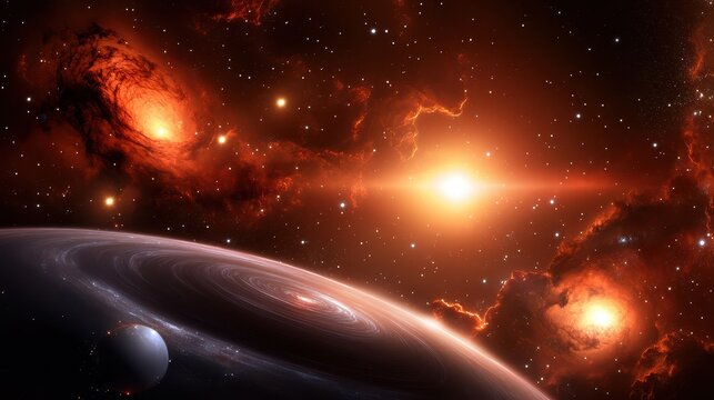 Intense red galaxy background with swirling gas clouds and bright stars, creating a fiery space visual.
