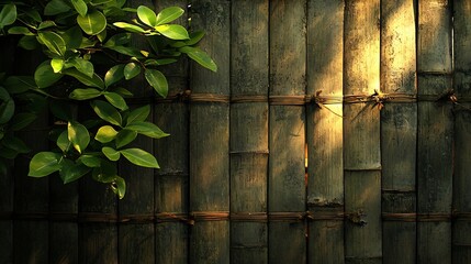 Old bamboo wall with green leaves : Generative AI