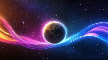 Large planet in a galaxy background with vibrant colors, surrounded by swirling cosmic dust and stars.