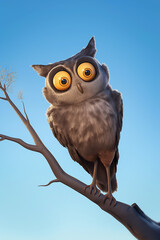 Obraz premium Animated owl with large eyes perched on bare branch
