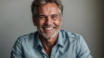 Fototapeta premium Portrait happy laughing smiling man in front empty blank wall background in stylish casual attire