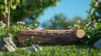 Fototapeta premium 2408 99.A front-facing view of a dry brown log on a lush green lawn, framed by decorative plants with small white flowers scattered around. The deep blue sky creates a striking contrast with the