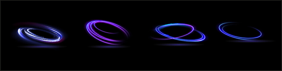 Neon swirl. Curve blue line light effect. Abstract ring background with glowing swirling background. Energy flow tunnel. Blue portal, platform. Magic circle vector.
