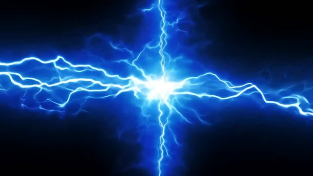 Blue Glowing Lightning Thunderbolt with black background. 4K