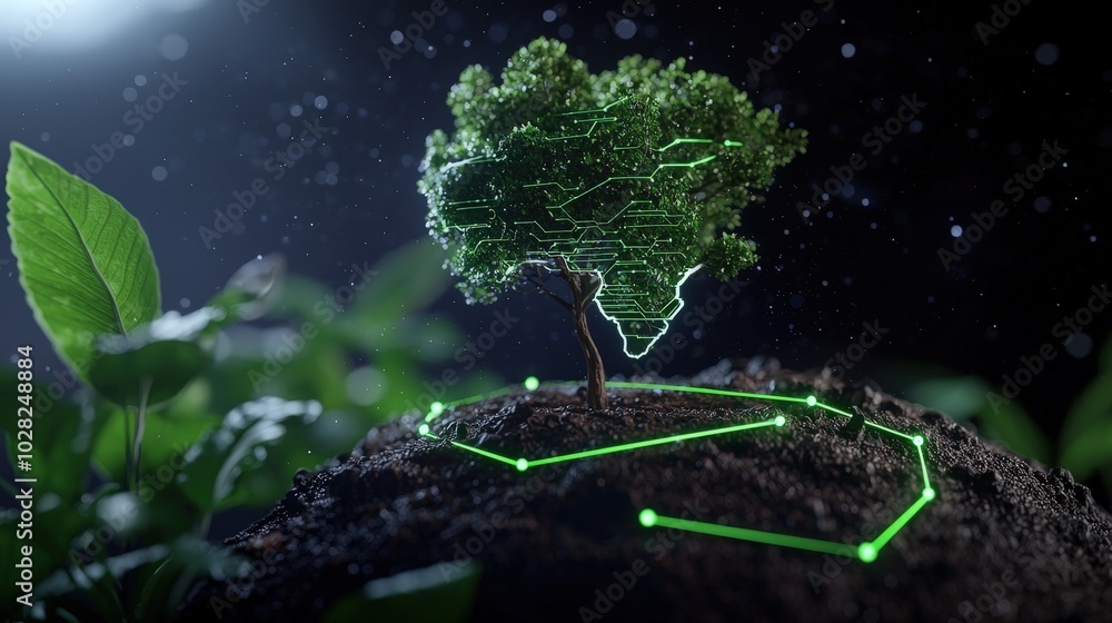 Poster futuristic tree with digital network lines and glowing connections