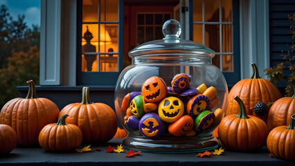 Obraz premium Halloween Pumpkins and Jack O Lantern Treats in Glass Jar
