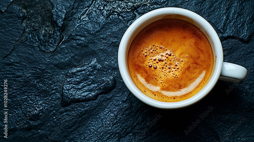 Poster coffee espresso in white cup on black slate background top view copy space : generative ai