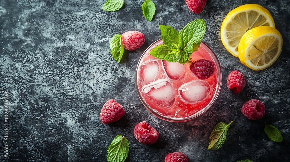 Leinwandbilder raspberry cocktail fizz lemonade ice tea with fresh mint on grey stone background copy space top vie