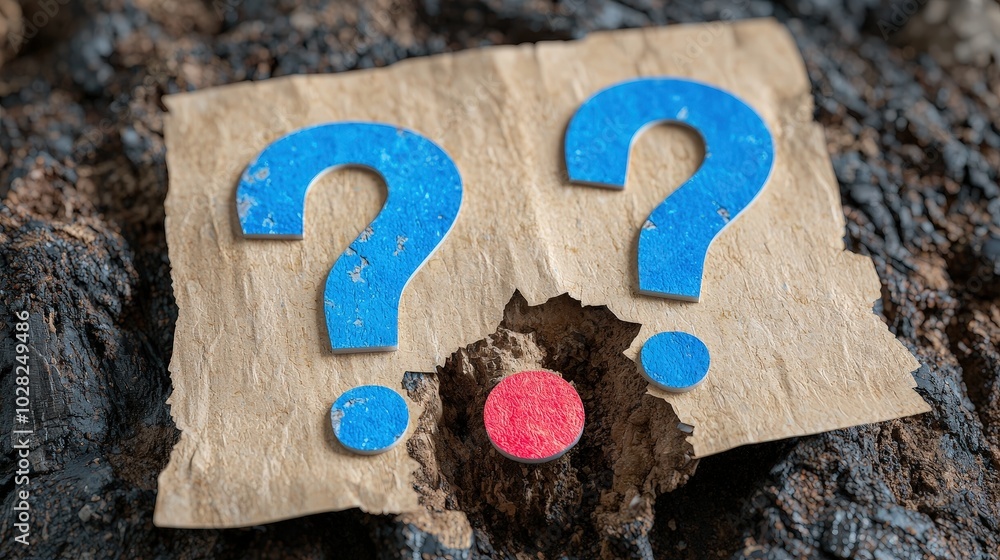 Poster torn paper with question marks and red circle on black background