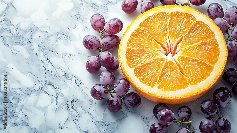 Poster cheese with washed orange rind with grape french or german product marble table background top view 