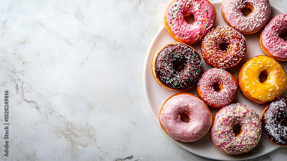 Poster donuts assortment with colorful glaze on white plate marble background top view : generative ai